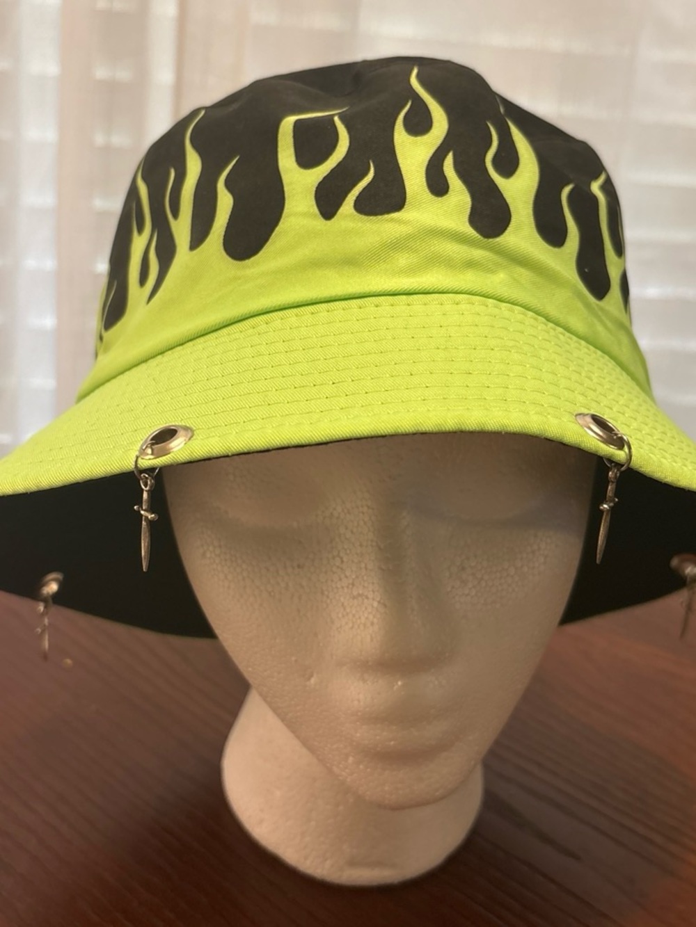 Neon Green Flame Bucket Hat with Dangle Charms